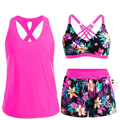 Hot pink tropical swim set with cutout tank, floral bra, and matching drawstring shorts