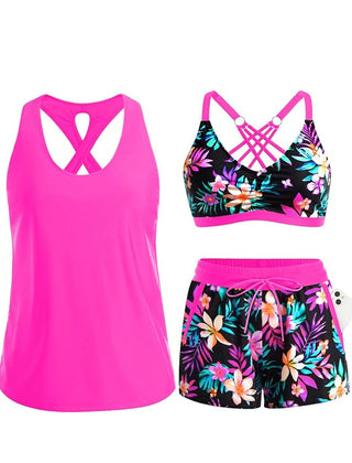 Hot pink tropical swim set with cutout tank, floral bra, and matching drawstring shorts