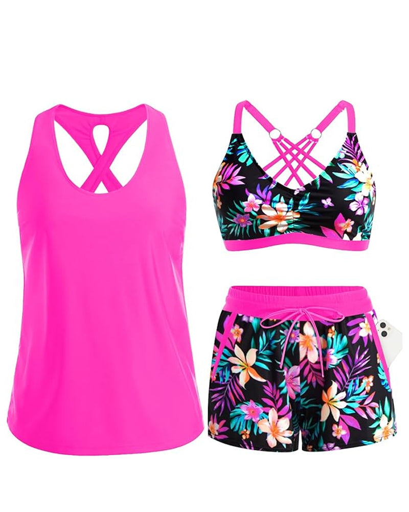 Hot pink tropical swim set with cutout tank, floral bra, and matching drawstring shorts