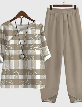 Two-piece set: khaki short-sleeve top and matching pants, beige geometric floral print