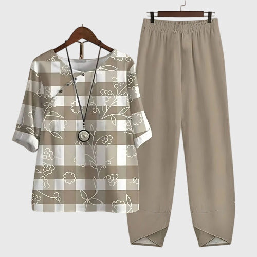 Two-piece set: khaki short-sleeve top and matching pants, beige geometric floral print