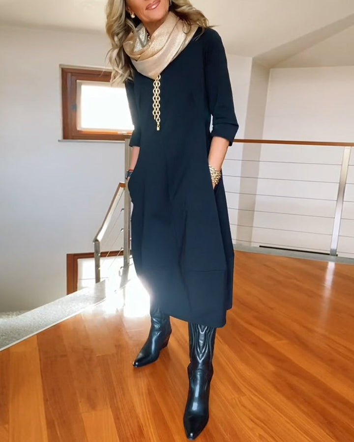 Nia casual elegance dress, dark color, 3/4 sleeves, midi length, scoop neckline