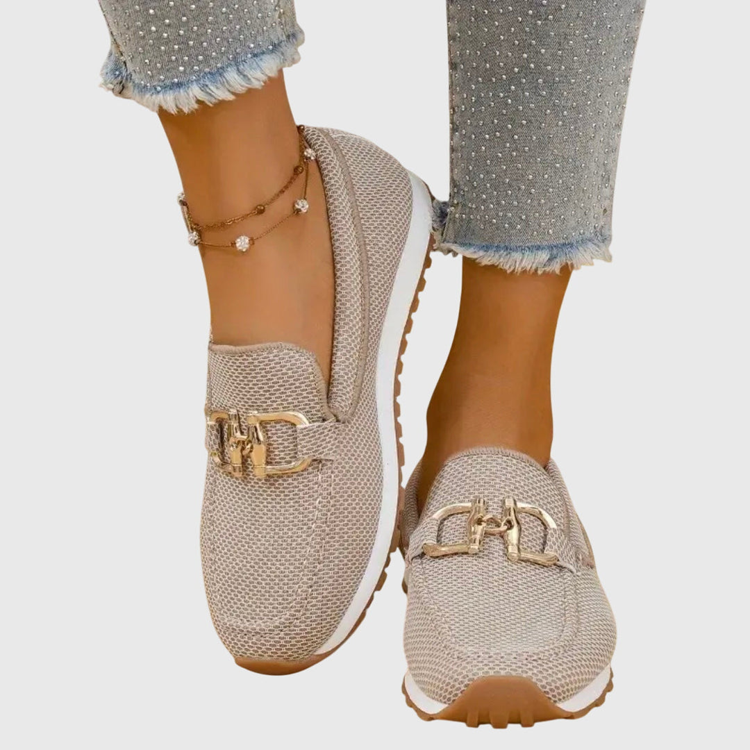 Beige mesh orthopedic loafers with gold buckle ornament and treaded sole