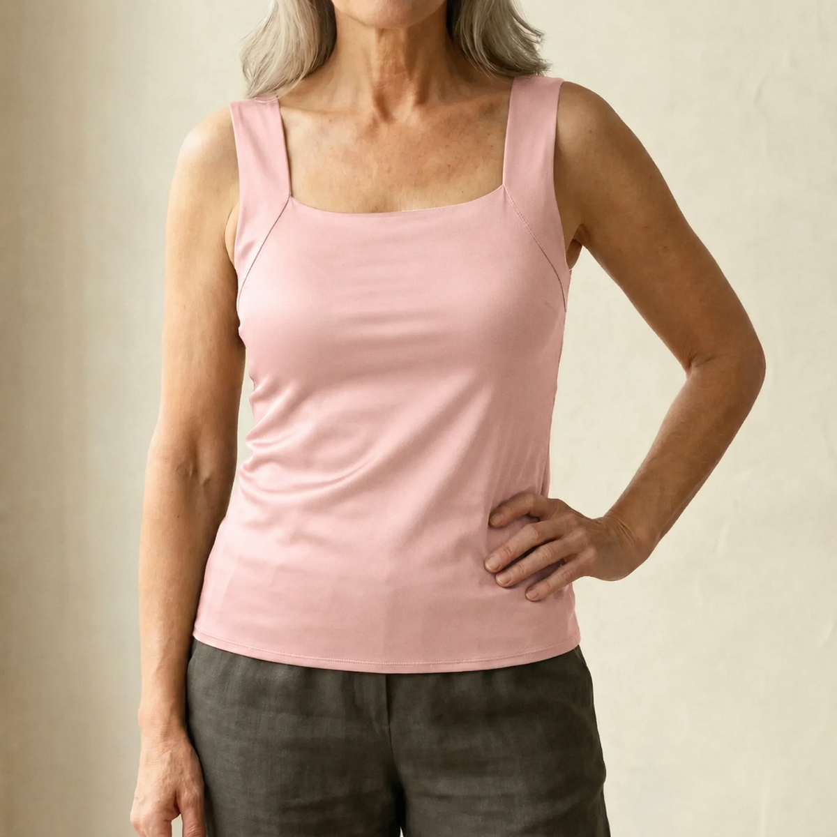 Roxy built-in comfort bra tank top in light pink, square neck, thin straps
