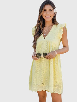 2-in-1 summer dress, pale yellow V-neck eyelet with scalloped hem, cap sleeves