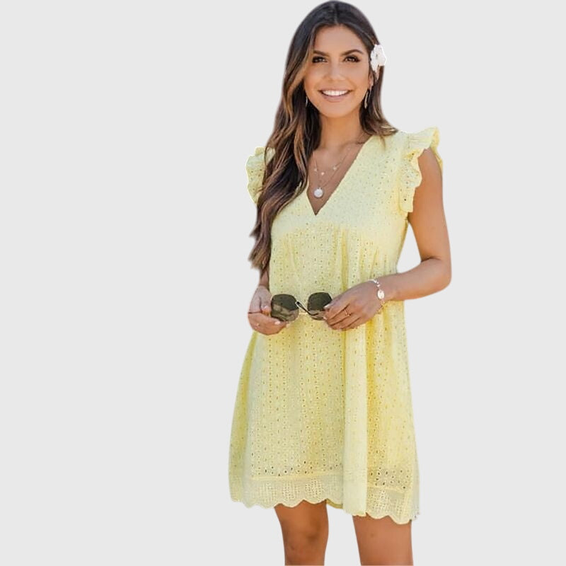 2-in-1 summer dress, pale yellow V-neck eyelet with scalloped hem, cap sleeves