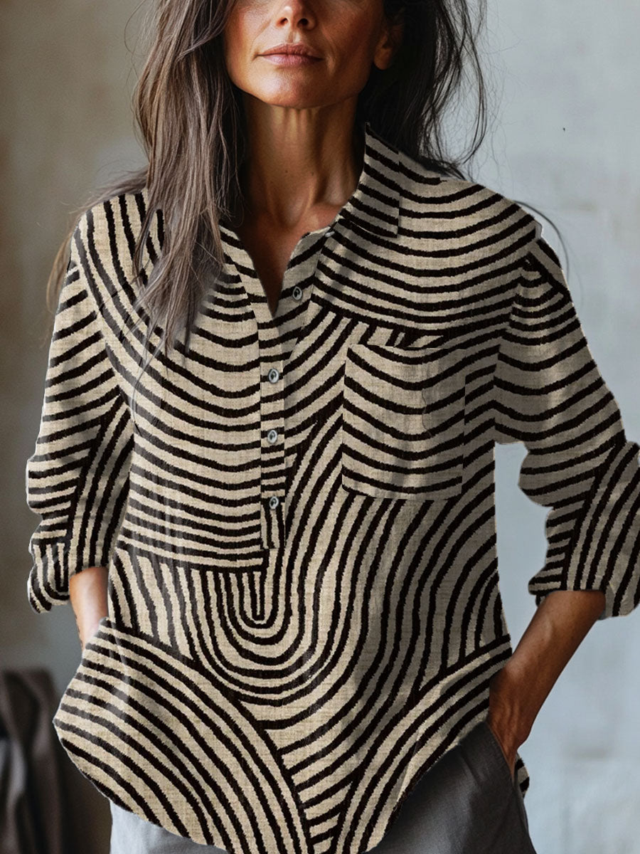 Multicolor abstract striped print shirt with button-front and banded collar, long sleeves