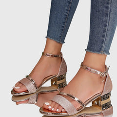 Orthopedic heeled sandals in rose gold glitter with double straps, open toe, and gold-tone block heel