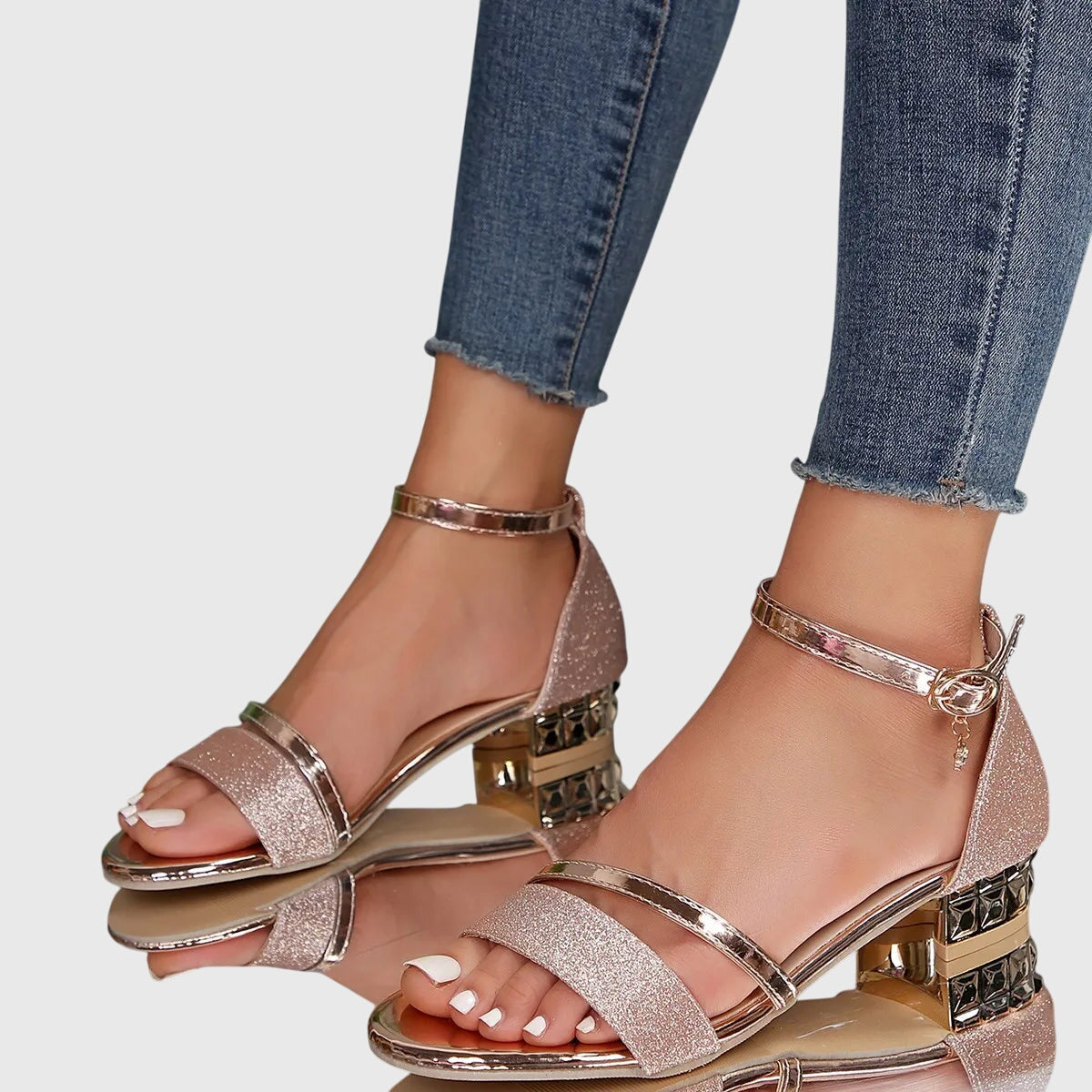 Orthopedic heeled sandals in rose gold glitter with double straps, open toe, and gold-tone block heel