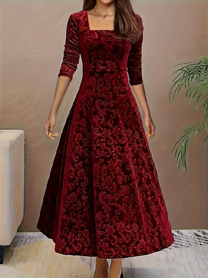 Red velvet midi A-line dress, square neckline, long sleeves, tonal ornate floral pattern