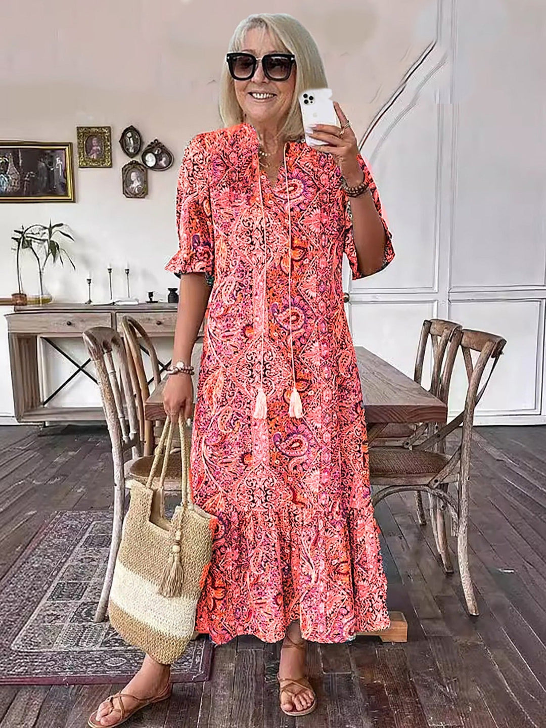 Pink-red paisley Boho Grace dress, short puff sleeves and tassel-tie neckline