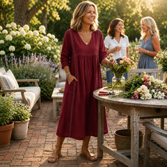 Burgundy lightweight maxi dress with ruched V-neck and 3/4 sleeves