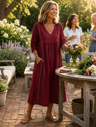 Burgundy lightweight maxi dress with ruched V-neck and 3/4 sleeves