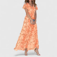 Evelyn™ luxe maternity dress in orange floral with ruffle sleeves and V-neck