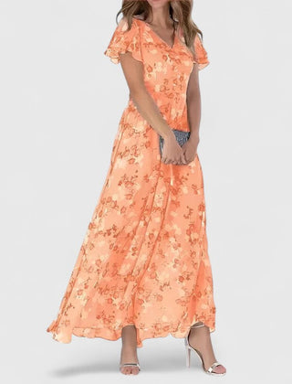 Evelyn™ luxe maternity dress in orange floral with ruffle sleeves and V-neck