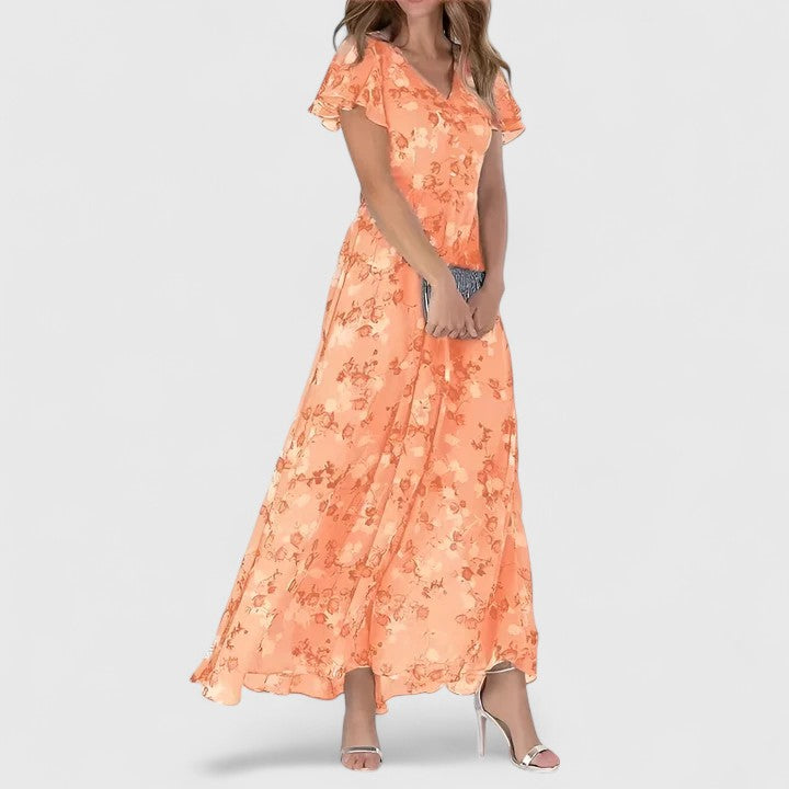 Evelyn™ luxe maternity dress in orange floral with ruffle sleeves and V-neck