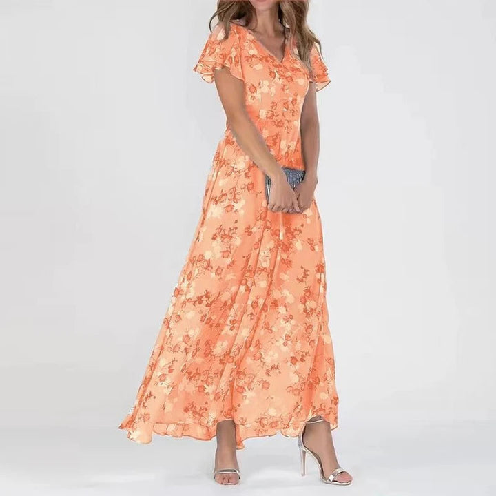 Orange floral maxi dress with ruffled short sleeves and V-neck bodice