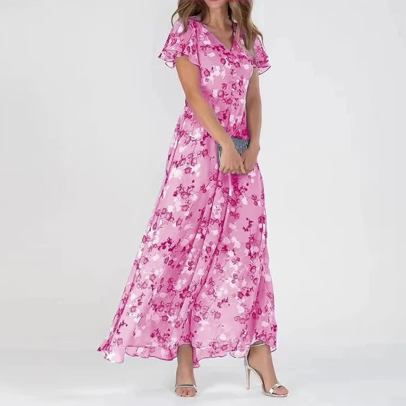 Pink floral maxi dress with ruffled cap sleeves and V-neck bodice