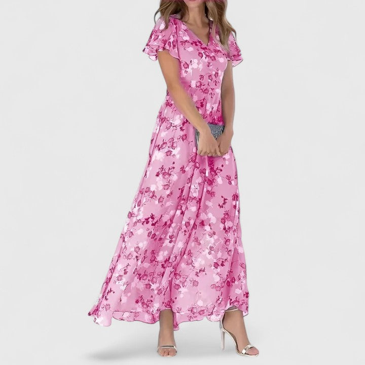 Evelyn™ luxe maternity dress in pink floral with ruffle cap sleeves and V-neck