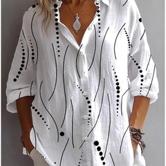 Kristen™ white button blouse with black abstract dots and line print, 3/4 sleeves