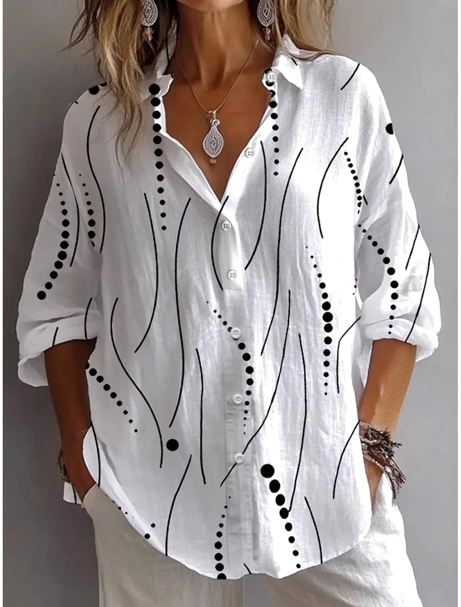 Kristen™ white button blouse with black abstract dots and line print, 3/4 sleeves