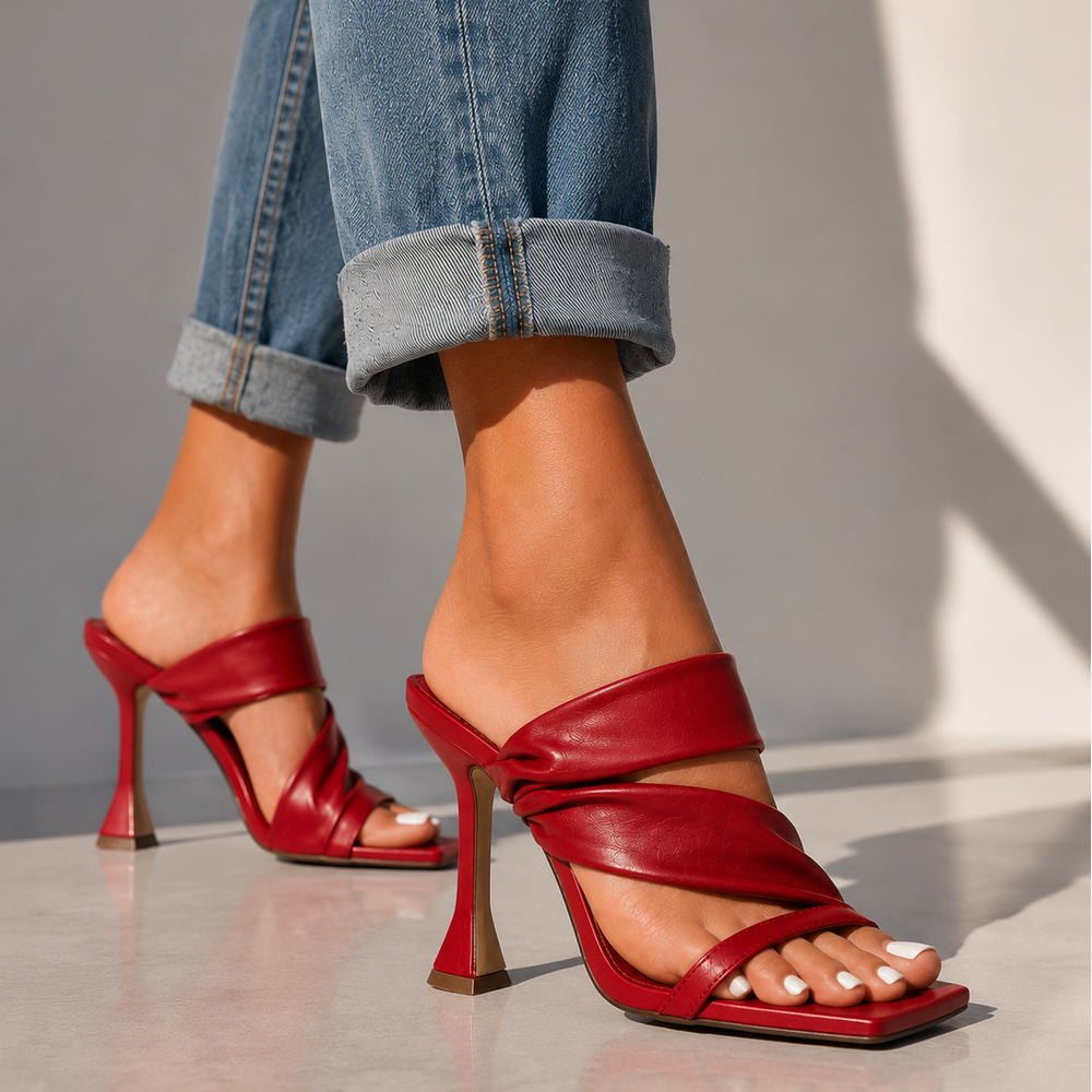 Wine red heeled sandals with open toe, crisscross strap and slim heel