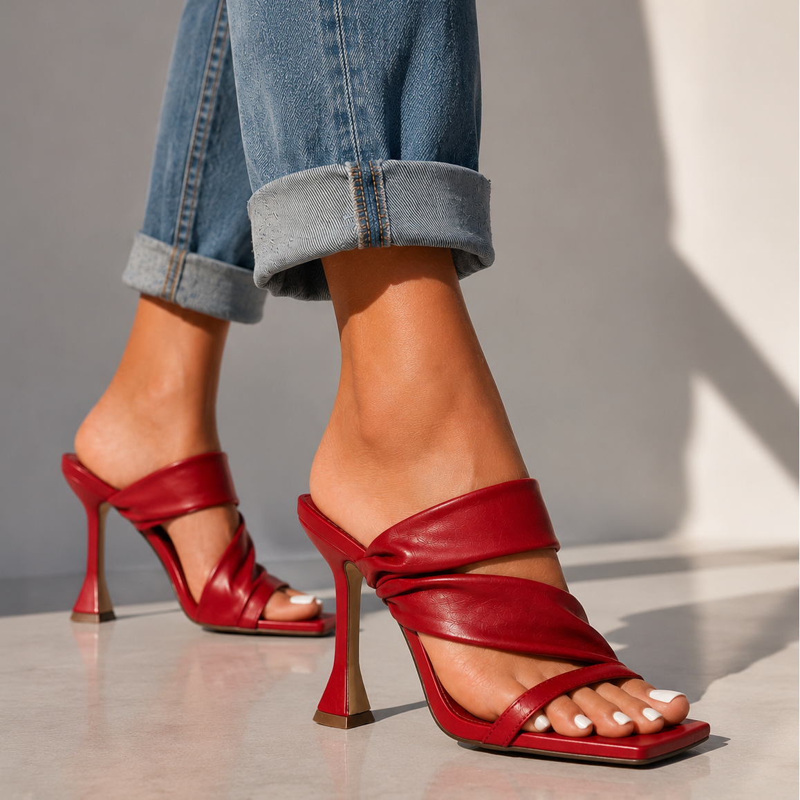 Wine red heeled sandals with open toe, crisscross strap and slim heel