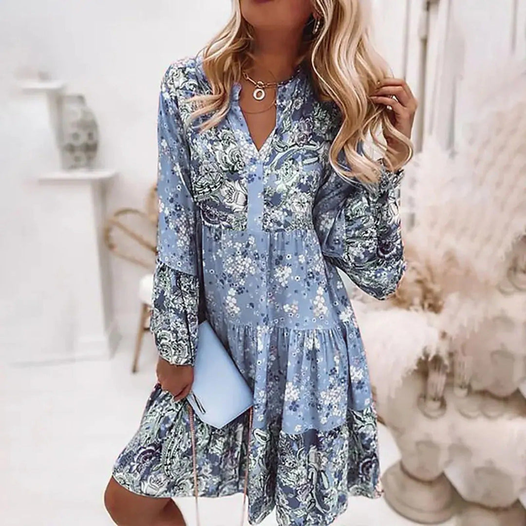 Light blue floral V-neck long-sleeve smocked tiered dress