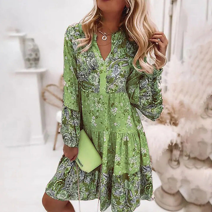 Green floral V-neck long-sleeve smocked tiered dress
