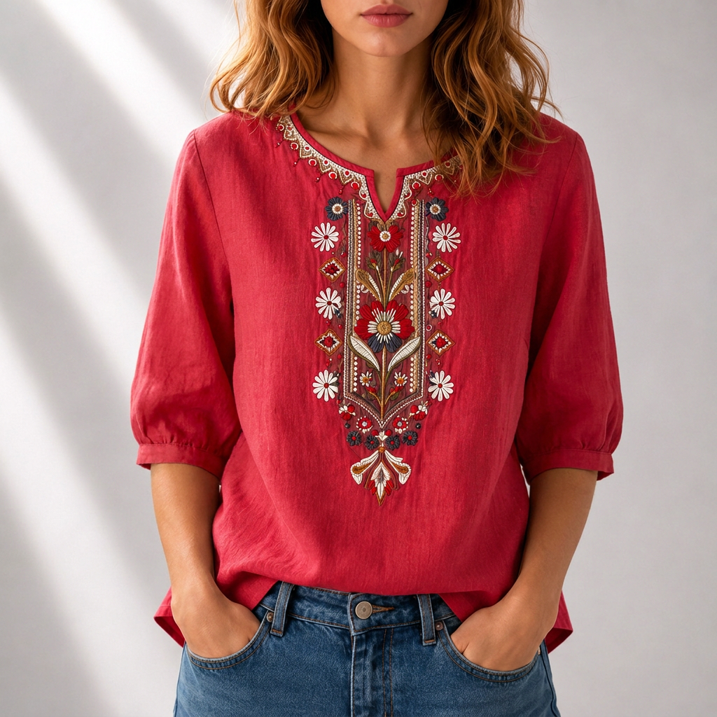Brick red embroidered floral blouse with puff sleeves and detailed V-neck embroidery