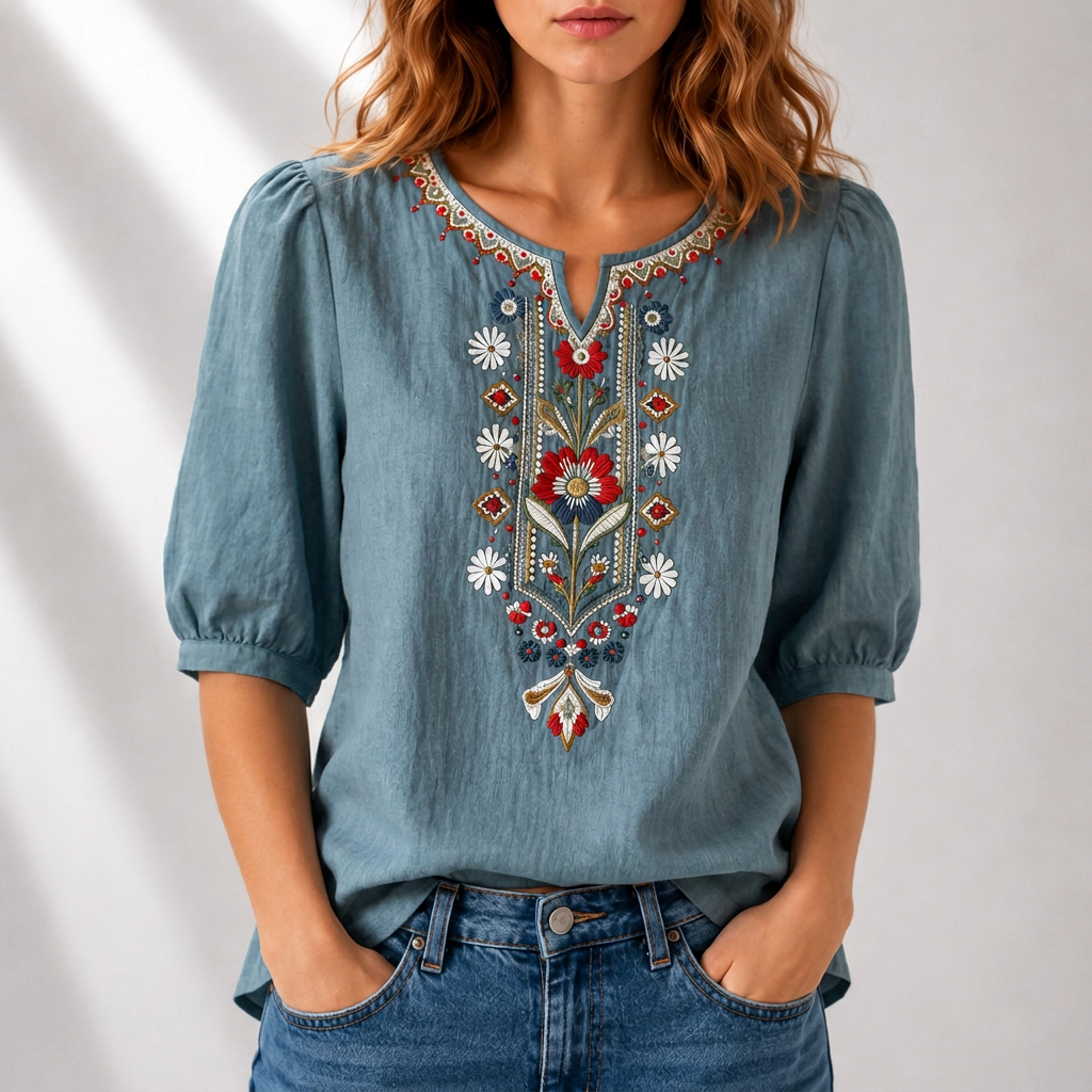 Denim blue embroidered floral blouse with puff sleeves and colorful V-neck detail