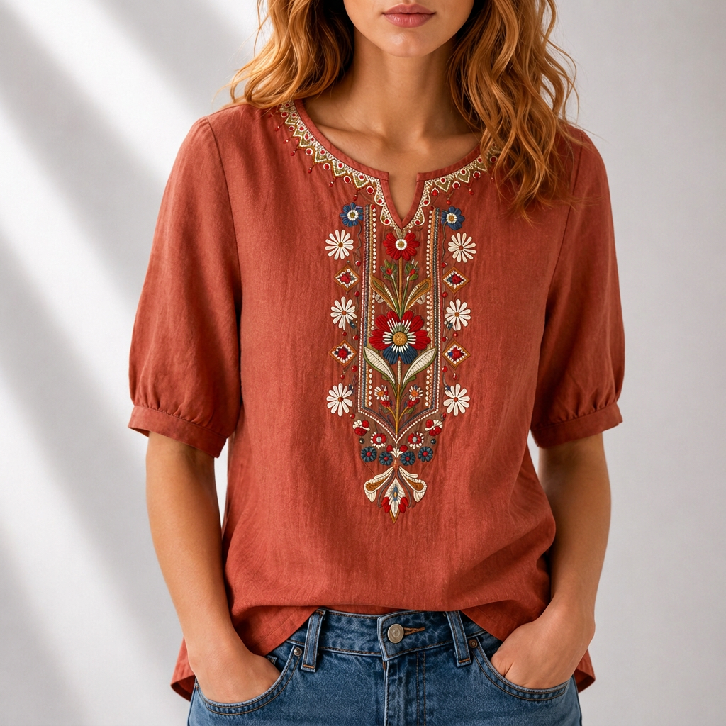 Burnt orange embroidered floral blouse with puff sleeves and V-neck neckline trim