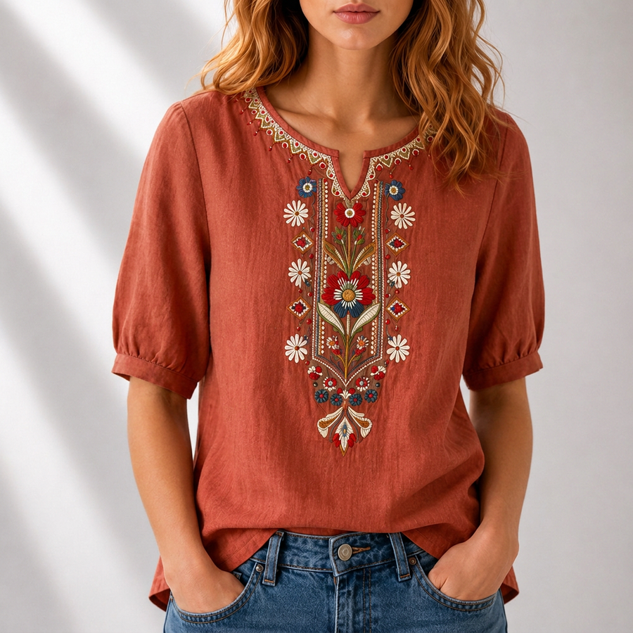 Burnt orange embroidered floral blouse with puff sleeves and V-neck neckline trim