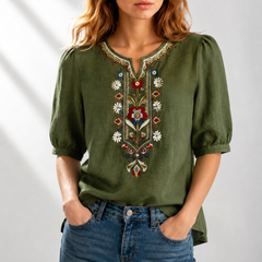 Olive green embroidered floral blouse with puff sleeves and decorative V-neck embroidery
