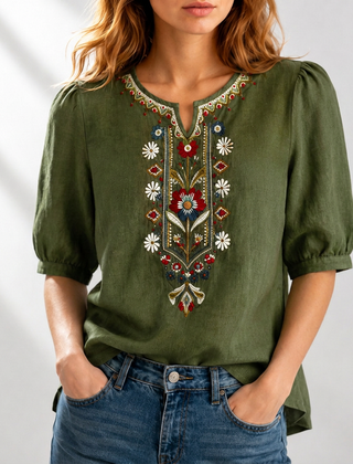 Olive green embroidered floral blouse with puff sleeves and decorative V-neck embroidery