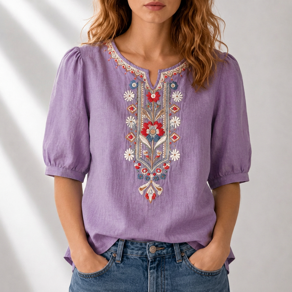 Purple embroidered floral blouse with puff sleeves and colorful V-neck embroidery