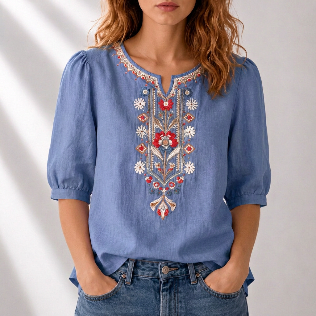Floral embroidered blue blouse with puff sleeves and V-neck yoke detail