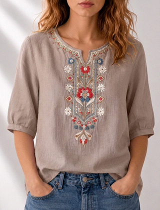 Dark khaki embroidered floral blouse with puff sleeves and embroidered V-neck front