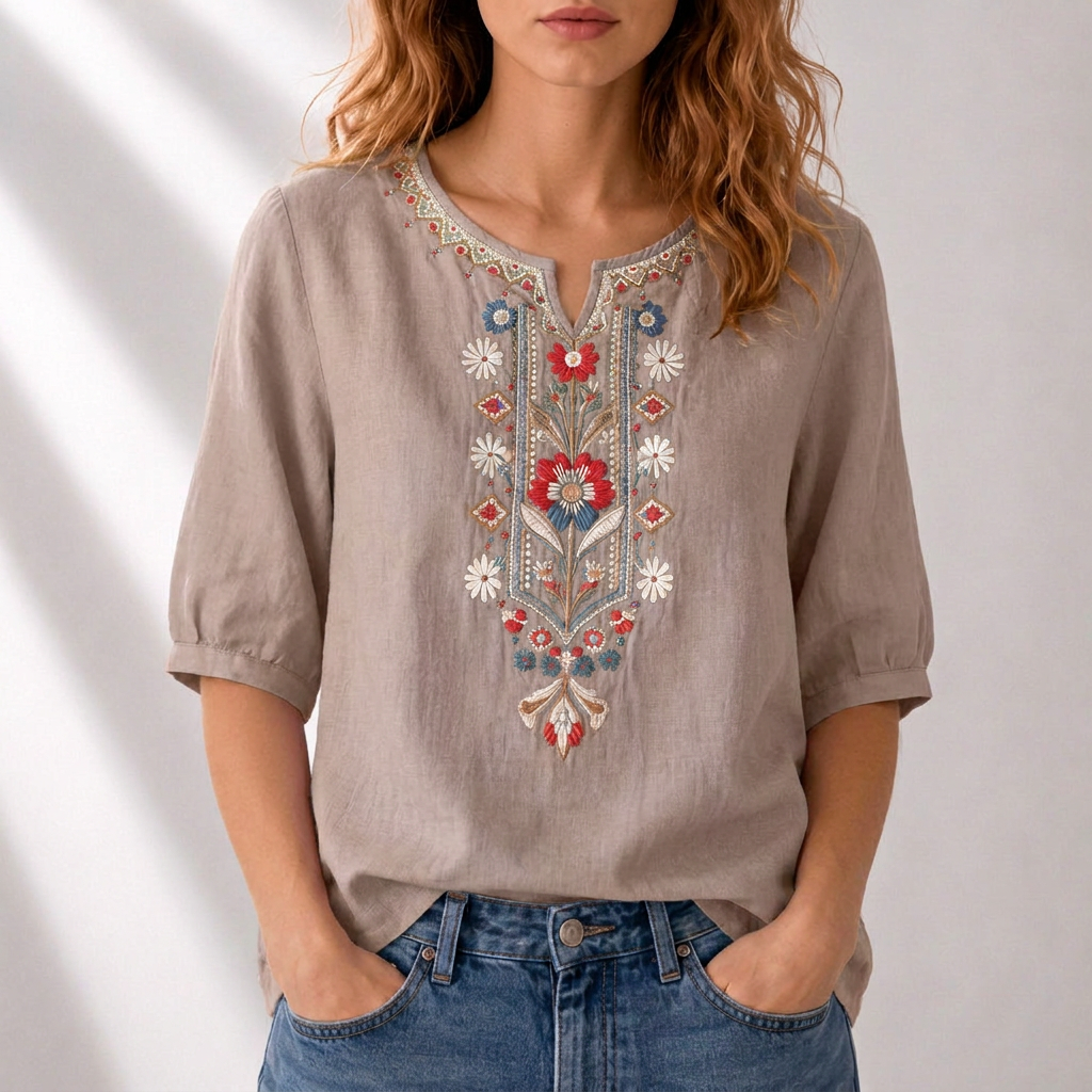 Dark khaki embroidered floral blouse with puff sleeves and embroidered V-neck front