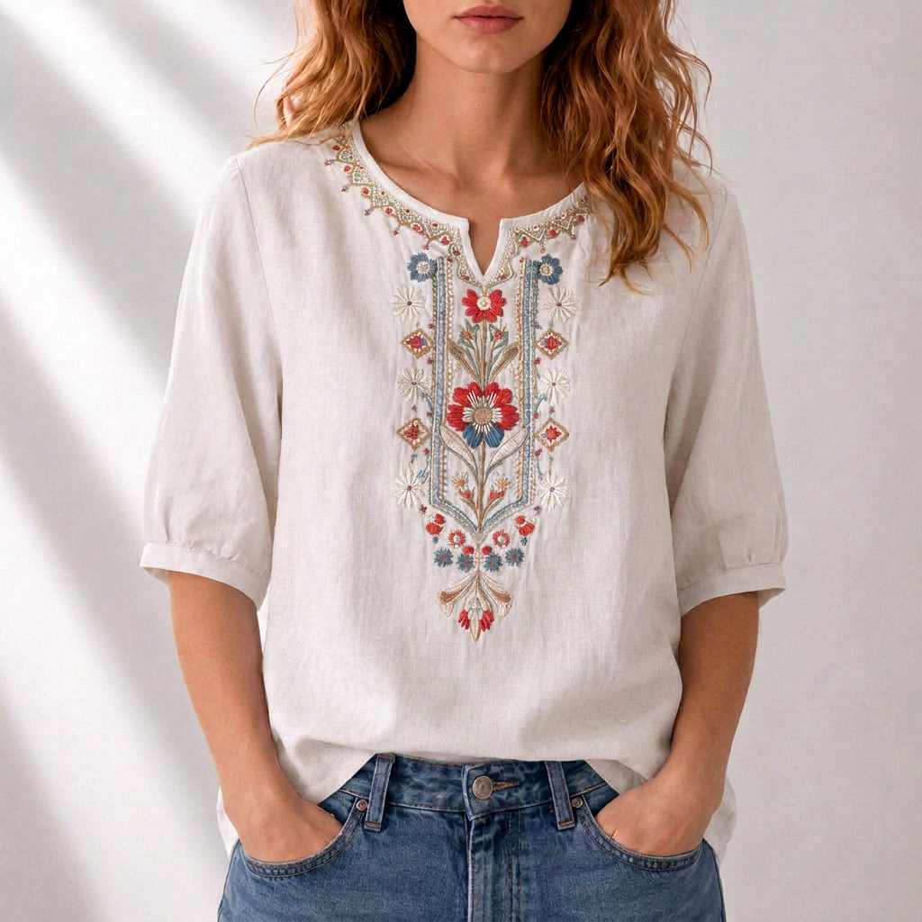 White embroidered floral blouse with puff sleeves and decorative V-neck panel