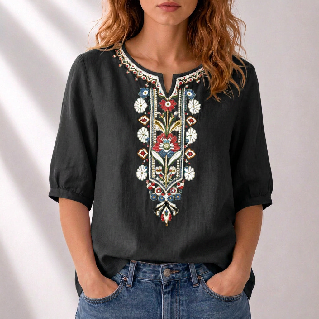 Black embroidered floral blouse with puff sleeves and multicolor V-neck front stitching