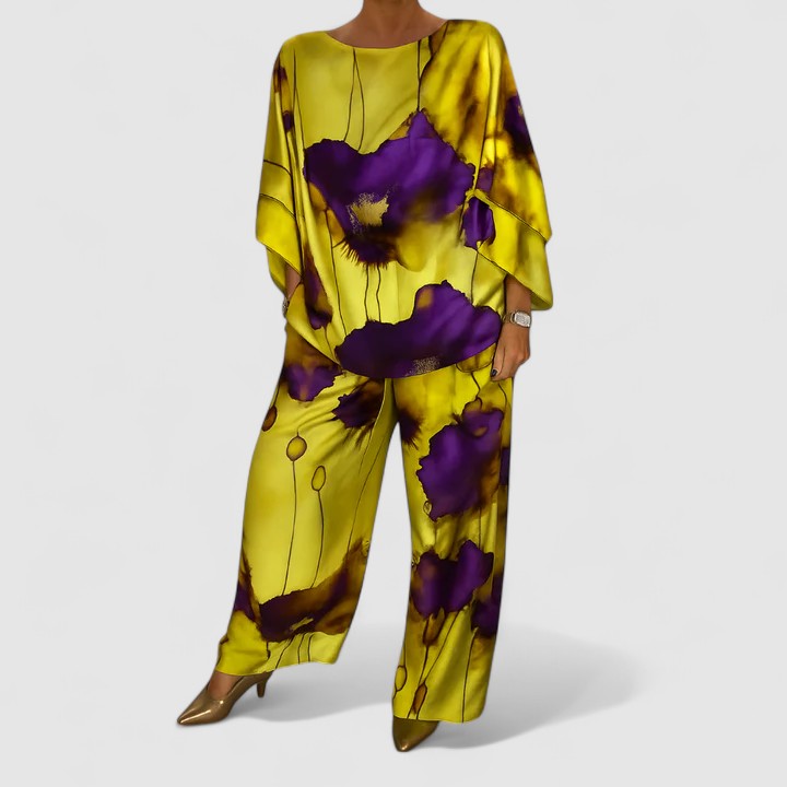 Two-piece set with relaxed top and wide-leg pants, yellow base with purple floral print