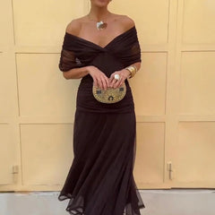 Lydia Off Shoulder maxi dress, dark brown, off-shoulder neckline with flowing sheer hem