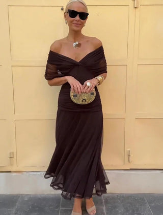 Lydia Off Shoulder maxi dress, dark brown, off-shoulder neckline with flowing sheer hem