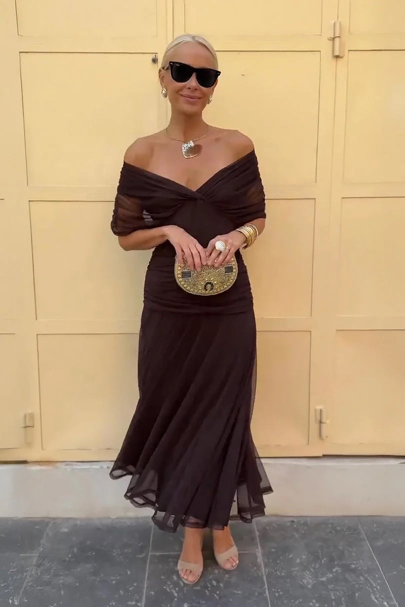 Lydia Off Shoulder maxi dress, dark brown, off-shoulder neckline with flowing sheer hem