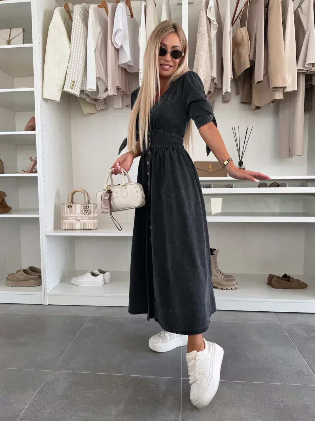 Black denim midi dress with V-neck, button-front and gathered waist, short sleeves