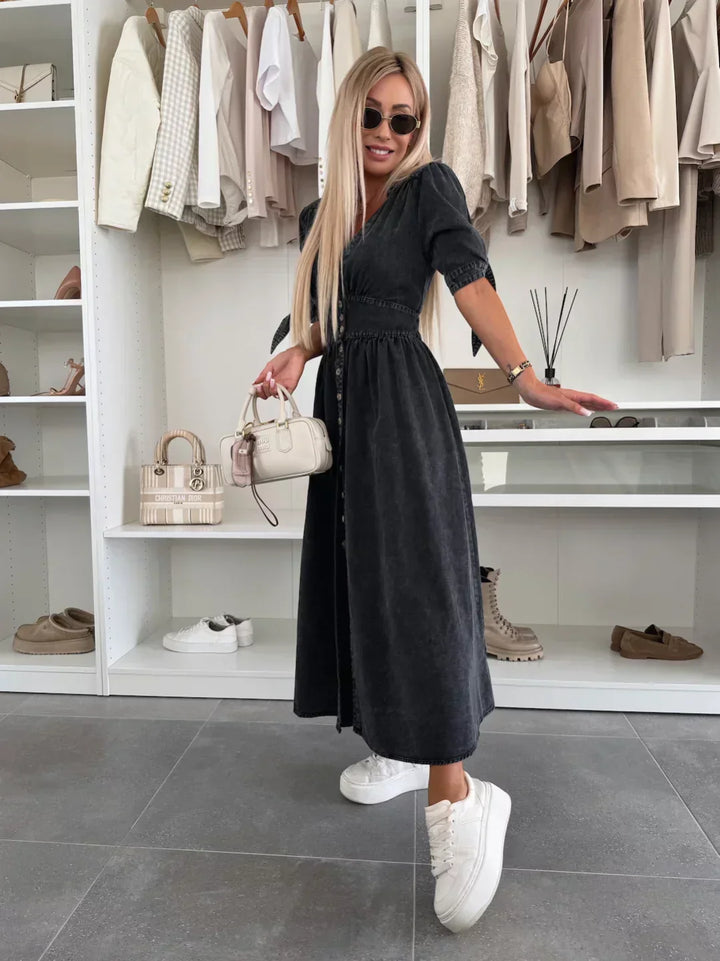 Black denim midi dress with V-neck, button-front and gathered waist, short sleeves