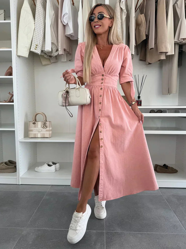 Pink denim midi dress with V-neck, button-front and gathered waist, short sleeves