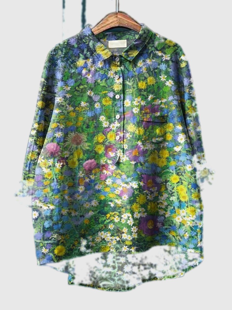 Multicolor floral button-up shirt with collar and chest pocket