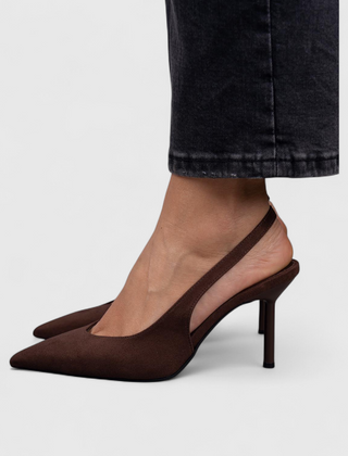 Brown real leather pointed-toe heels with slim high stiletto heel